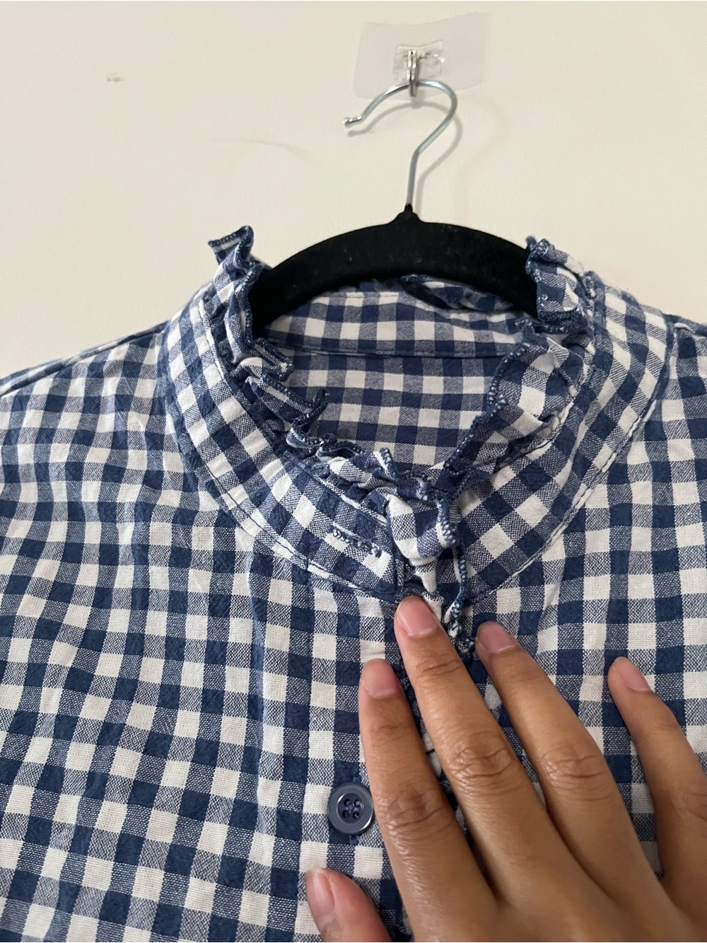 100% Cotton Blue White Gingham Ruffle Button Up Shirt Medium Cottagecore Western - Picture 5 of 7